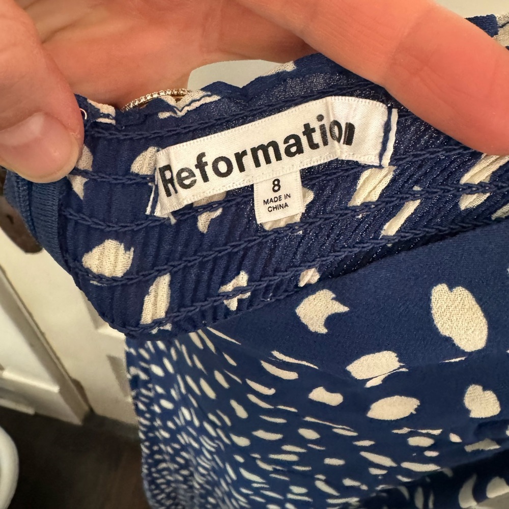 Reformation Navy and Cream Patterned Dress